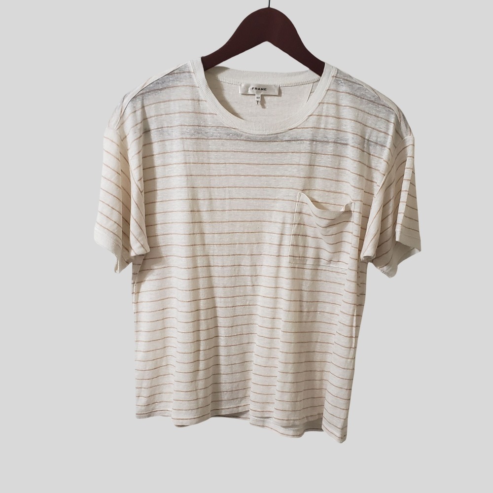 FRAME‎ Organic Linen Striped Pocket Tee WW23JTE007 White Tan Small